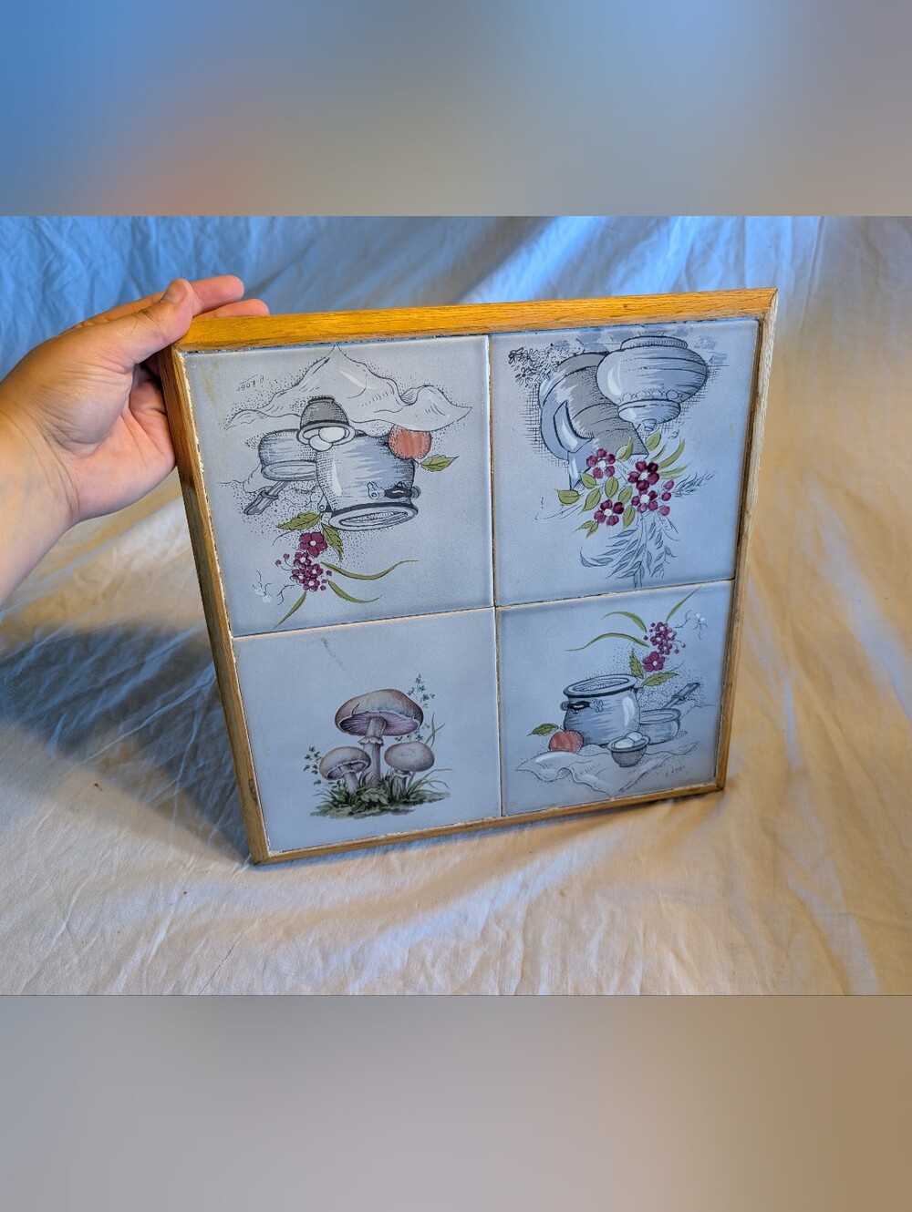 2/60$ Vintage Ceramic Kitchen Wall Tile trivet Plaque with Wood Frame